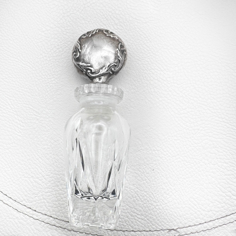 Vintage Cut‎ Crystal Perfume Bottle Sterling Silver Repousse Floral Dome Stopper